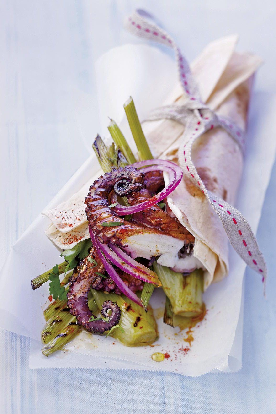 Fajitas de poulpe, patate douce et légumes